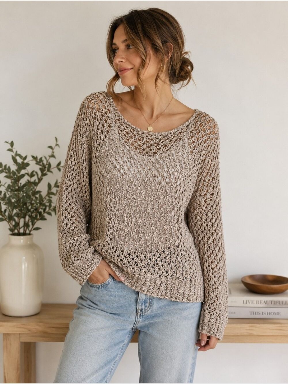 Kenar Open Knit Metallic Sweater XL Beige Marled Boho Crochet - Picture 1 of 14